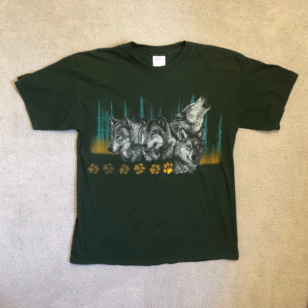 M&O Knits HeavyWeight Wolf Pack Graphic T-Shirt Forest Green Mens Large‎ Vintage